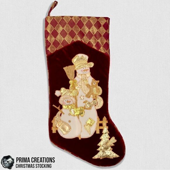 VINTAGE CHRISTMAS STOCKING SNOWMAN PARENT & CHILD IN RED VELVET & GOLD APPLIQUÉ - Picture 4 of 15
